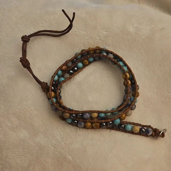 Bohemian Multi-Color Gemstone Beaded Leather Adjustable Wrap Bracelet - Picture 2 of 7